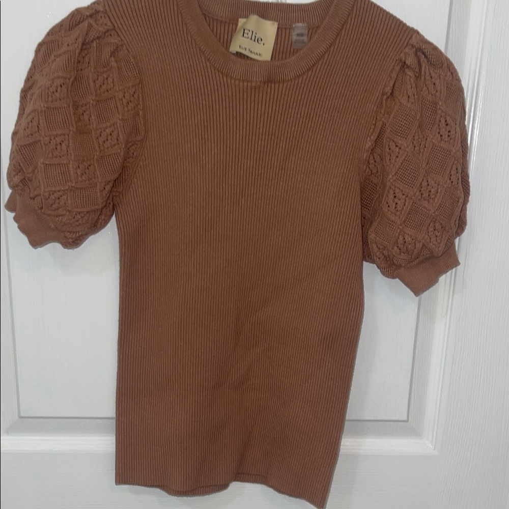 Elie Tahari Brown Puff Sleeve Ribbed Crewneck Sweater